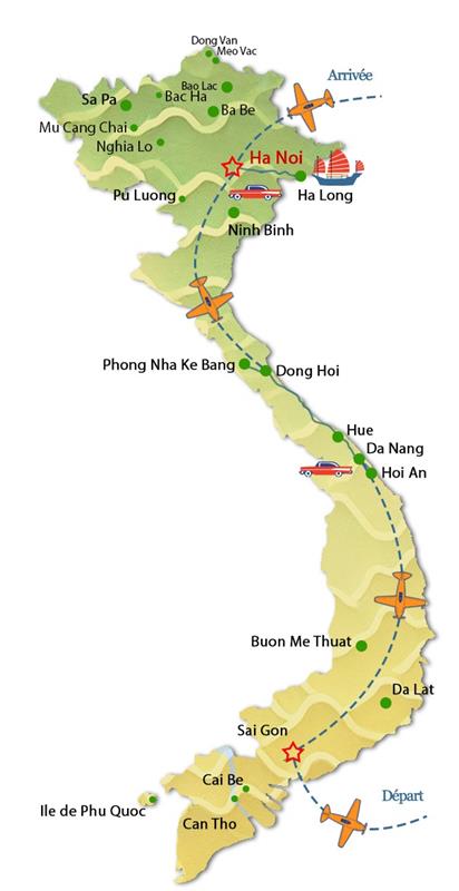 Carte du circuit de luxe authentique au Vietnam organis&eacute; par l'agence de voyage locale francophone &agrave; Hanoi Vietnam